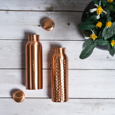 Organic B Plain & Hammered Copper Bottle Combo Pack (949Ml Each) image
