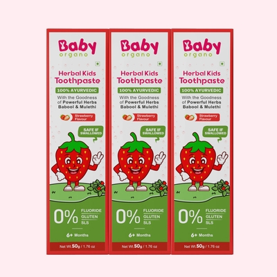 Babyorgano Herbal Strawberry Flavor Toothpaste for Kids | Goodness of Babool and Mulethi l Fluoride & SLS Free l FDCA Approved 50gm Pack 3 image