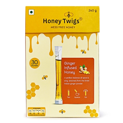Honey Twigs Ginger Honey | 100% Pure & Natural Honey, (240Gm, 8G X 30 Sachets) image