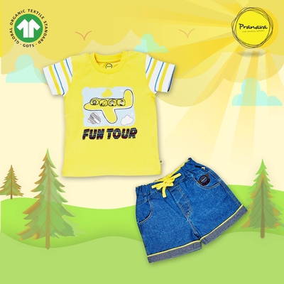 Pranava Organic Cotton Half Sleeves Airplane Printed Tee & Shorts Set - Yellow & Blue image