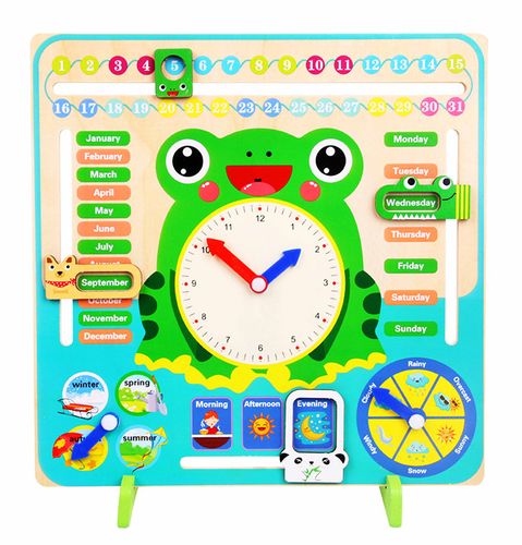 Voolex - Wooden Learning Calendar Clock Toys & Multifunctional Wooden Frog Teaching Clock For Kids image
