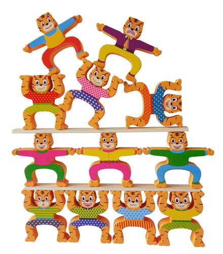 Voolex - Wooden Tiger Balancing Stacking Blocks Interlock Preschool Toys Balancing Games For Kids, Pack Of 16 Pieces image