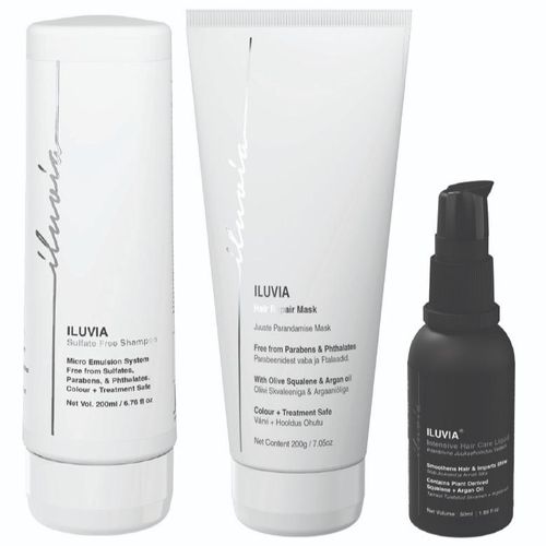 iluvia-Hydrophobic-Sulfate---Free-Hair-Mask-iluvia-Professional-Sulfate-free-Shampoo-and-iluvia-Professional-Intensive-Haircare-Liquid-Hair-Serum-