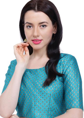 Parrot-Green-Blouse-In-Brocade-Silk-With-Woven-Floral-Motifs-All-Over-And-3/4Th-Sleeves