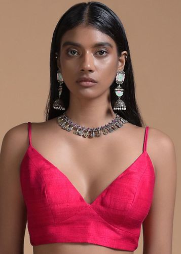 Fuchsia-Pink-Blouse-In-Raw-Silk-With-Plunging-Neckline-And-Straps-On-The-Shoulder