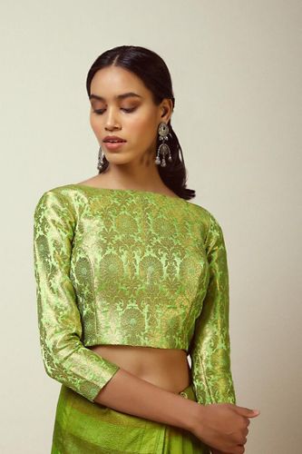 Parrot-Green-Blouse-In-Brocade-Silk-With-Woven-Floral-Motifs-All-Over-And-3/4Th-Sleeves