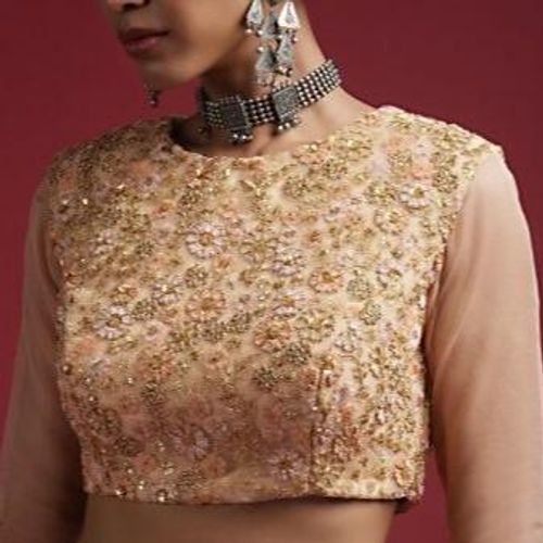 Peach-Blouse-In-Embroidered-Net-With-Colorful-Resham-And-Zari-Work-In-Floral-Jaal-Motif-